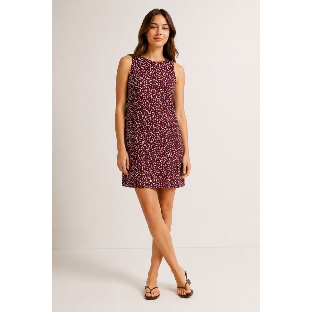 Abercrombie & Fitch Linen Floral Mini Dress Medium Burgundy Sleeveless Shift